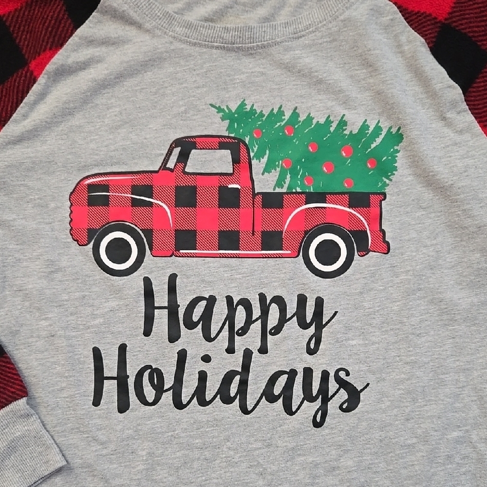 Plaid Sleeve Happy Holidays Kids Shirt - Picture 2 of 4